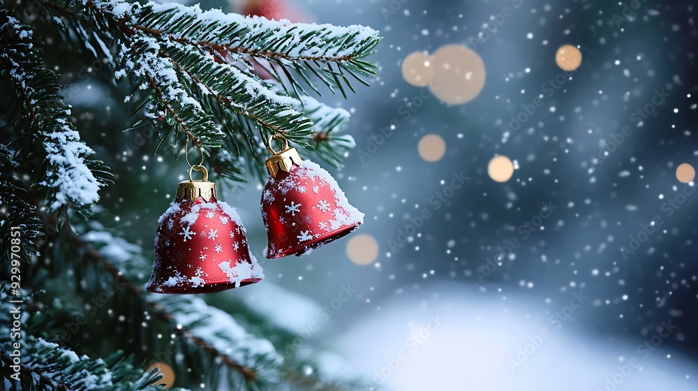 Poster two red bell ornaments hang on a snowy pine branch with a blurred background of white falling snow a