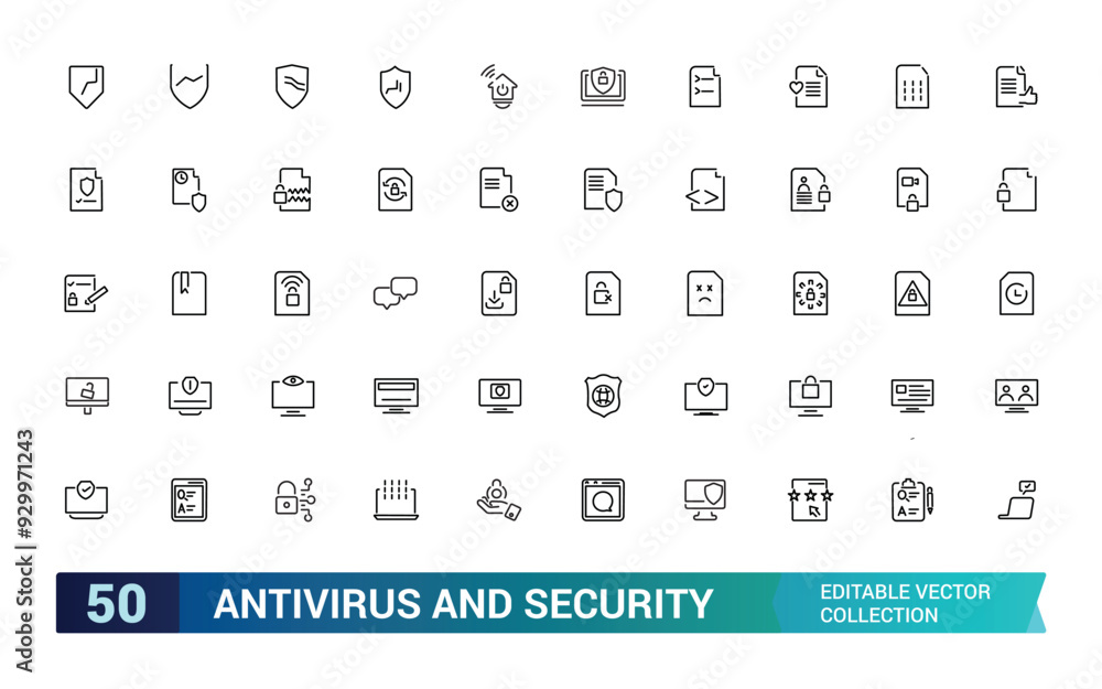 Poster antivirus and security icons in line style. collection and pack of linear web and ui icons. editable