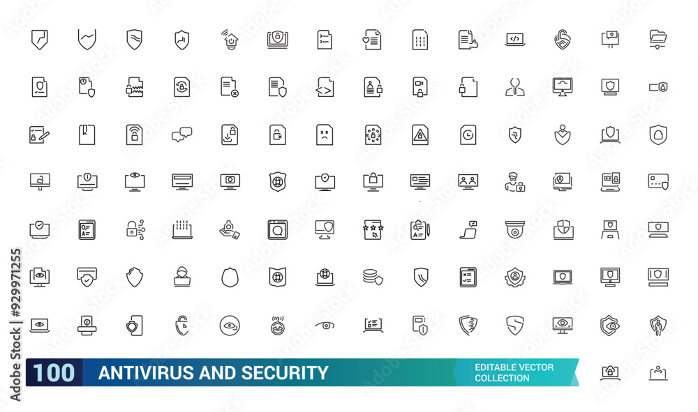 Poster antivirus and security icons in line style. collection and pack of linear web and ui icons. editable