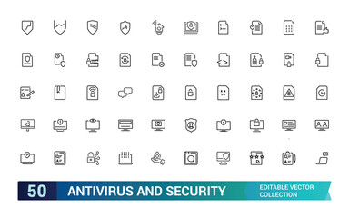 Antivirus and Security icons in line style. Collection and pack of linear web and ui icons. Editable stroke. Vector illustration.