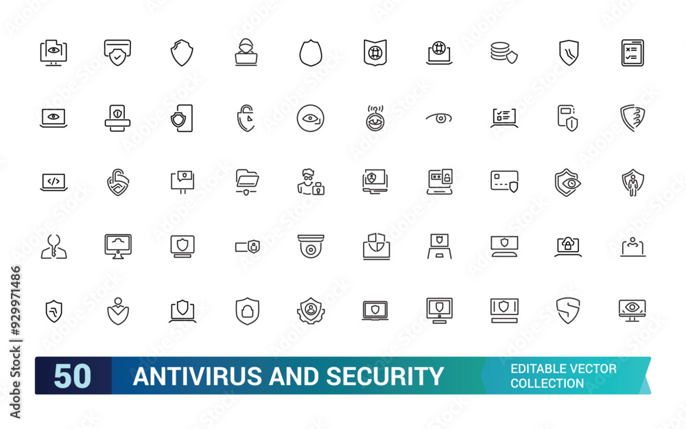 Poster antivirus and security icons in line style. collection and pack of linear web and ui icons. editable