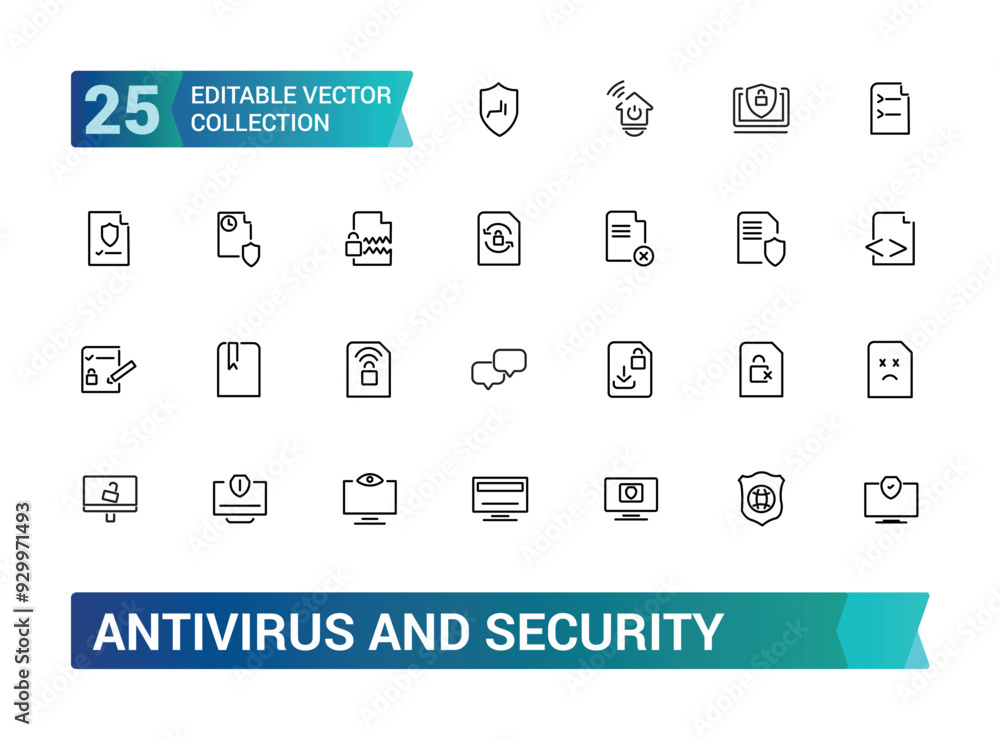 Poster antivirus and security icons in line style. collection and pack of linear web and ui icons. editable