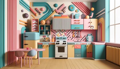 Memphis Style Retro Kitchen with Pastel Colors and Playful Geometric Shapes for a Vibrant and Nostalgic Home Decor