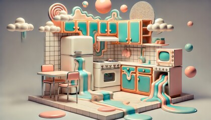 Fototapeta premium Surrealist kitchen with melting elements and dreamlike features, blending retro design with fantastical artistic expression