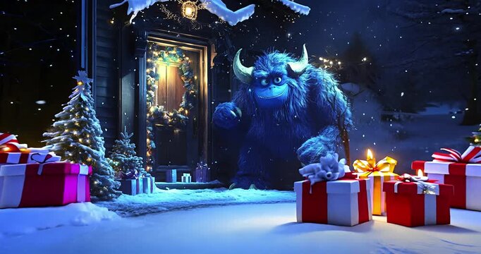 The holiday is coming to us. Blue funny monster waiting for Christmas.