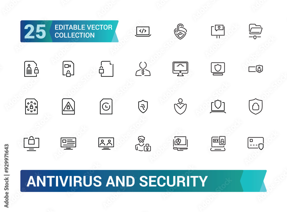 Poster antivirus and security icons in line style. collection and pack of linear web and ui icons. editable