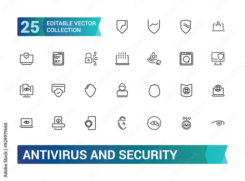 Poster antivirus and security icons in line style. collection and pack of linear web and ui icons. editable