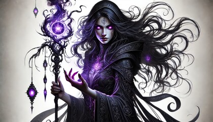 Hyperrealistic Illustration of a Dark Sorceress with Glowing Purple Eyes and a Mysterious Aura, Mastering Arcane Magic