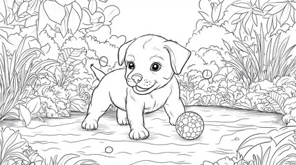 Coloring page cute little puppy play with ball on meadow. Black and white illustration for children drawing