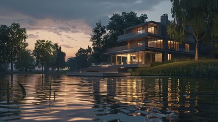 3d rendering of modern house by the river at morning, house, luxury, villa, modern, architecture, building, exterior, residential, property, designer