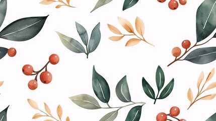 Watercolor Floral Seamless Pattern: Delicate watercolor botanicals on a white background. Green leaves, red berries, and beige branches create a beautiful, romantic and elegant design.  