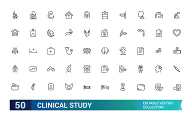 Clinical study and research line icon set. Collection and pack of linear web and ui icons. Editable stroke. Vector illustration.