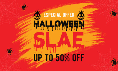 Halloween sale banner,Holiday design with bats, spider, cobweb, pumpkin, lettering font text. Paper cut style. Vector illustration.