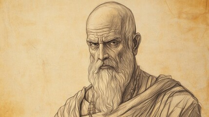 Fototapeta premium Biblical Illustration of Bildad’s Second Speech - Bildad with Serious Expression, Describing the Fate of the Wicked as Withering Papyrus Without Water, Beige Background