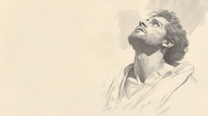 Fototapeta premium Biblical Illustration of Job’s Emotional Plea to Heaven - Job Gazing Upward, Demanding an Explanation from God with Trembling Voice, Beige Background