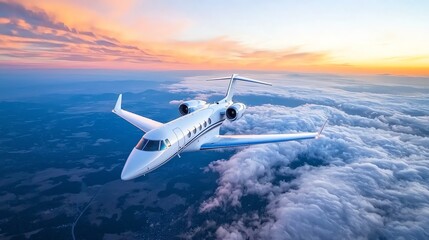 Fototapeta premium A luxury private jet soaring above the clouds during a vibrant sunset, showcasing elegance and freedom in air travel. Luxurious Airline First-Class Cabin .