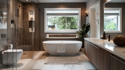Clean, neutral colored, yet masculine bathroom, interior, apartment, design, house, luxury, modern, light, home, white, sink, room, floor, wall, bath.