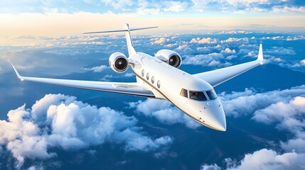 A sleek private jet soaring above the clouds, showcasing luxury travel in the sky during a breathtaking sunset. Luxurious Airline First-Class Cabin .