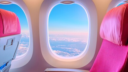 A view from an airplane window showcasing a serene sky and comfortable seating with pink accents. Luxurious Airline First-Class Cabin .