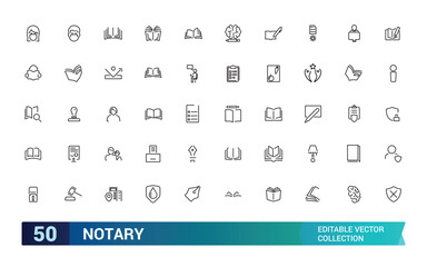 Set of line notary Icons. Collection and pack of linear web and ui icons. Editable stroke. Vector illustration.