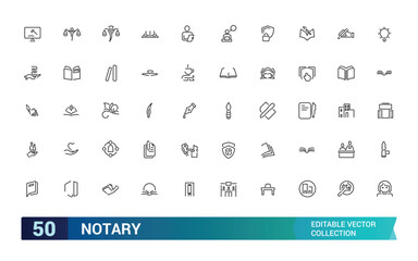 Set of line notary Icons. Collection and pack of linear web and ui icons. Editable stroke. Vector illustration.