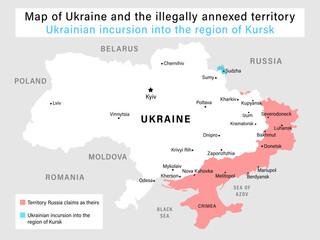 Map of Ukraine with illegally russian annexed territory border and Kursk Ukrainian incursion, August 2024. Vector map with Ukrainian incursion into the region of Kursk