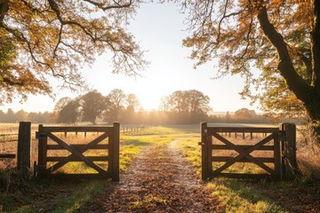 Two wooden gates in the foreground of an open field with trees and sunlight.