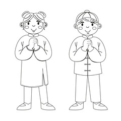 Chinese coloring outline people in national clothes for Chinese New Year