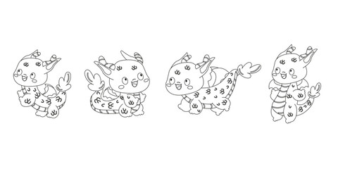 Cartoon character outline coloring dragon in flat style