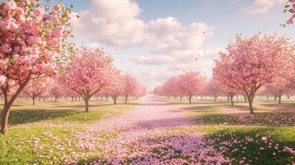 A serene landscape of cherry blossom trees in full bloom, creating a peaceful atmosphere.