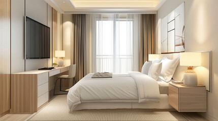3D rendering modern bedroom suite in hotel with tv and work table