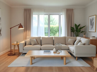 Modernes Wohnzimmer mit natürlichem Licht und gemütlicher Einrichtung