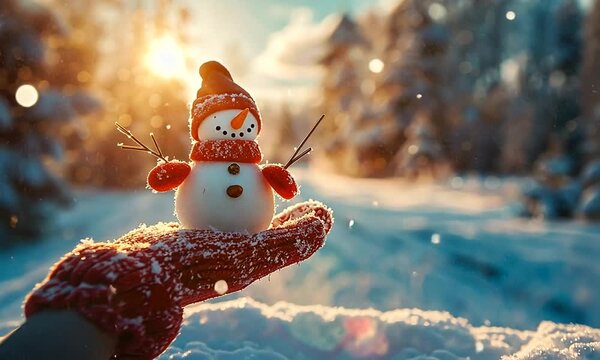 A small snowman on the palm of his hand in a red mitten