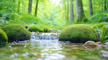 A serene forest stream with moss-covered stones and lush greenery, perfect for nature lovers seeking tranquility and beauty. Pouring Fresh Drinking Water.