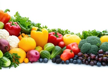 A vibrant collection of freshly harvested fruits and vegetables spreads across a clean backdrop, showcasing natures bounty with vivid colors.