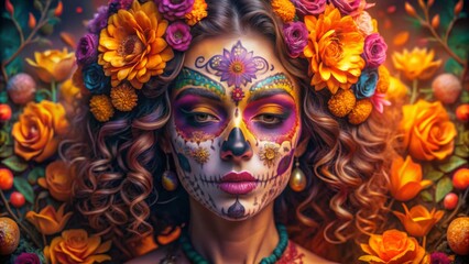 A woman is adorned with intricate Día de los Muertos face paint, which features vibrant, symmetrical patterns and a delicate skull design.