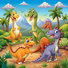 Obraz premium Group Of Funny Dinosaurs In A Natural Landscape