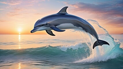 Dolphin leaping over wave at sunset