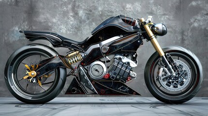 Black futuristic motorcycle with exposed engine details.