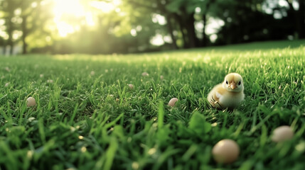 Adorable baby chick on grass at sunrise, peaceful nature setting with soft light
