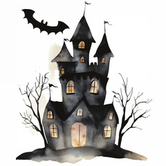 Watercolor Halloween castle at night on white background.