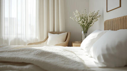 Charming Coastal Bedroom Interior Mockup with Cozy and Simple Design in a Tranquil Setting

