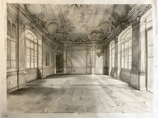 Empty Marble Room with Ornate Detail.