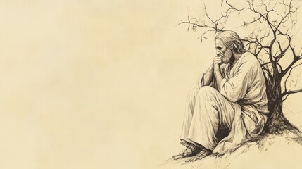 Fototapeta premium Biblical Illustration of Job’s Desire for Relief - Job Seated Under a Withered Tree, Reflecting on Life’s Fleeting Nature and Hoping for Relief, Beige Background