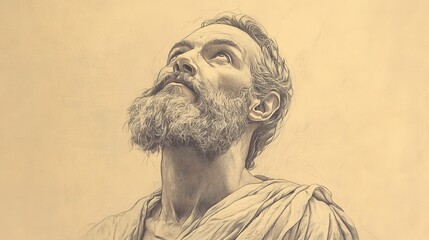 Fototapeta premium Biblical Illustration of Job Concluding His Reflection on the Hymn to Wisdom, Recognizing that True Wisdom Lies in Fearing the Lord, Beige Background