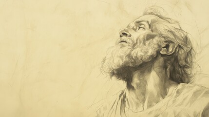 Fototapeta premium Biblical Illustration of Job Concluding His Final Discourse with Sorrow, Hope, and Faith in God’s Ultimate Justice, Beige Background