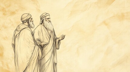 Fototapeta premium Biblical Illustration of Bildad’s Final Speech - Bildad Urging Job to Humble Himself Before God, Acknowledging His Limitations and Sinfulness, Beige Background