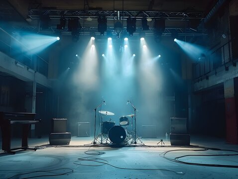 Stage setup with drum kit and amplifiers illuminated by blue lighting in an empty venue