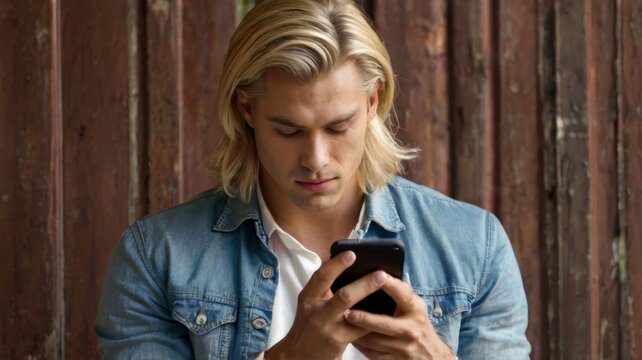 Blonde handsome man sending a message with the mobile