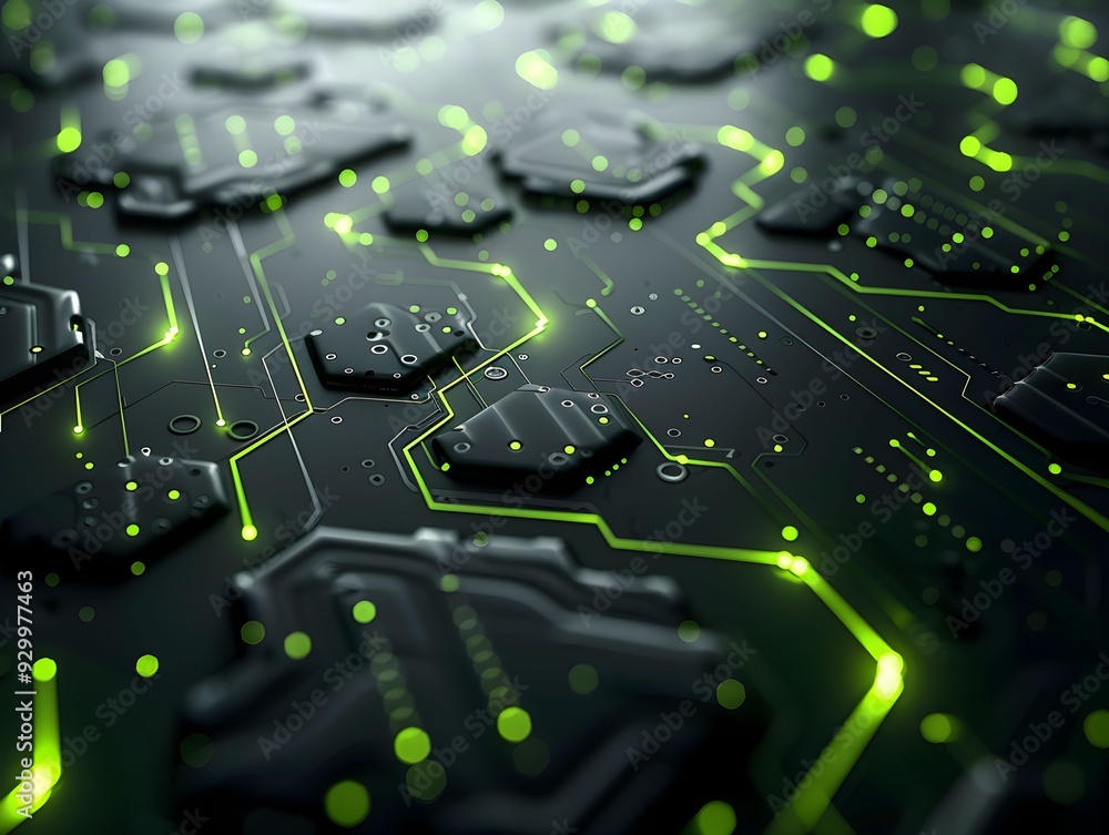 Poster close-up of a circuit board with glowing green patterns showcasing technology and innovation